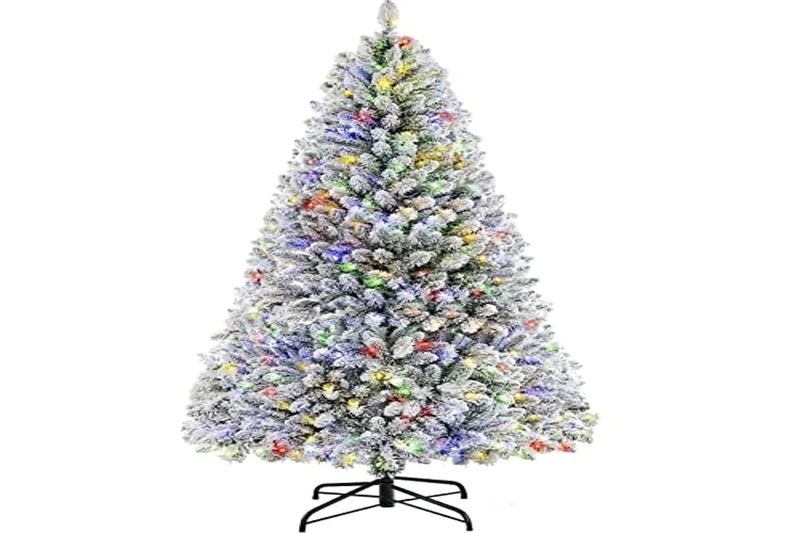 SHareconn 6ft Pre-Lighted Faux Hinged Snowflake Flocked Christmas Tree with 470 Warm White/Multi-Colored Lights, Foldable Metal Stand, Lifelike, Perfect for Home Office Christmas Ornaments, 182CM