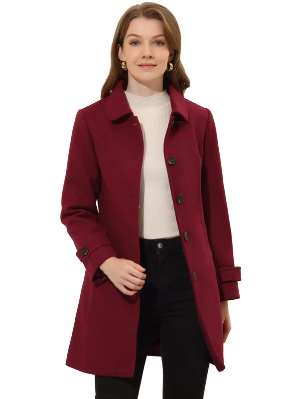 Allegra K Women's Peter Pan Collar Single Breasted Raglan Sleeves A-line Winter Coat, Burgundy, Medium