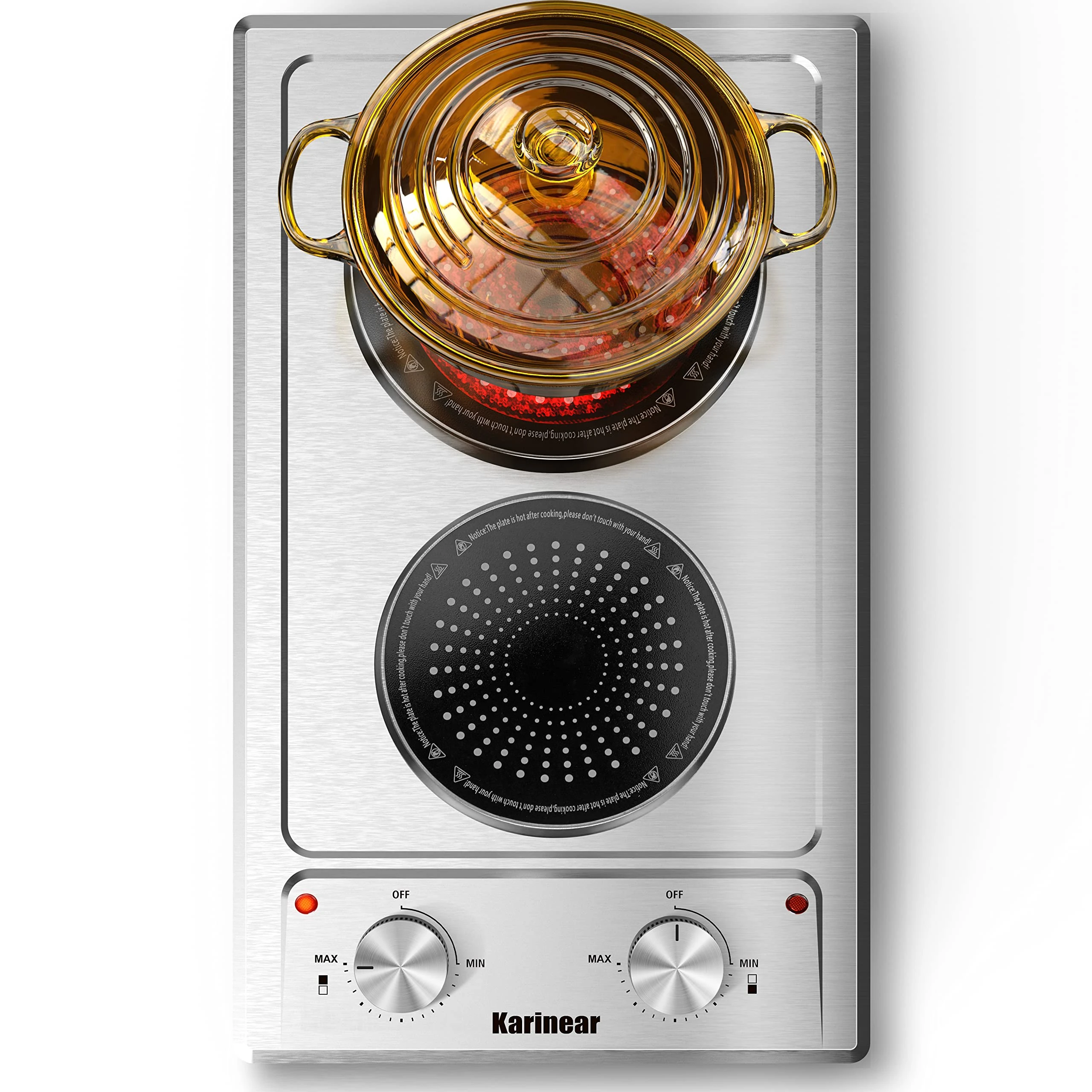 Karinear Stainless Steel Ceramic Hob 2 Zone Plug in Electric Hob 30cm Knob Control 1600W+1000W Power for ALL Cookware 3-Year Warranty, KNC-PF302SX