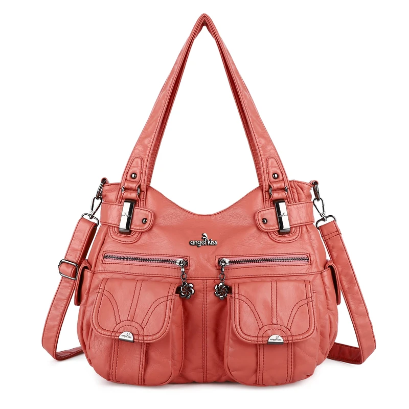 Angel Kiss Purses and Handbags Women Tote Shoulder Top Handle Satchel Hobo Bags Fashion Washed Leather Purse, 1-coral