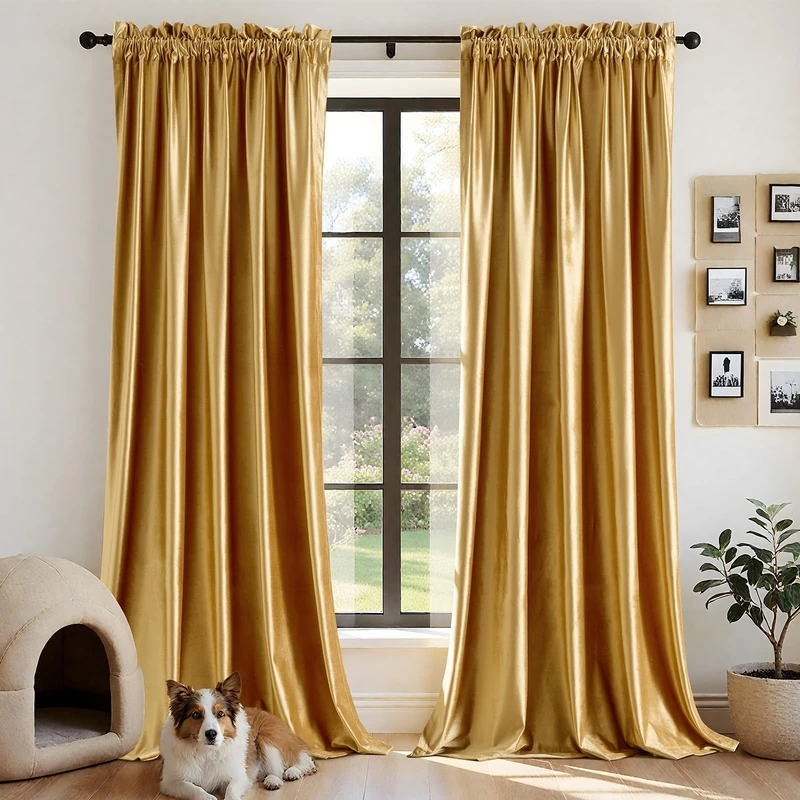 PRIMROSE Velvet Curtains Gold Luxury Elegant Curtain Thermal Insulated Soundproof Room Darkening Window Curtain Drapes for Living Room Bedroom Rod Pocket 108 Inches Set of 2