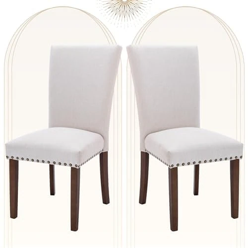 COLAMY Upholstered Parsons Dining Chairs Set of 2, Fabric Dining Room Kitchen Side Chair with Nailhead Trim and Wood Legs - Beige