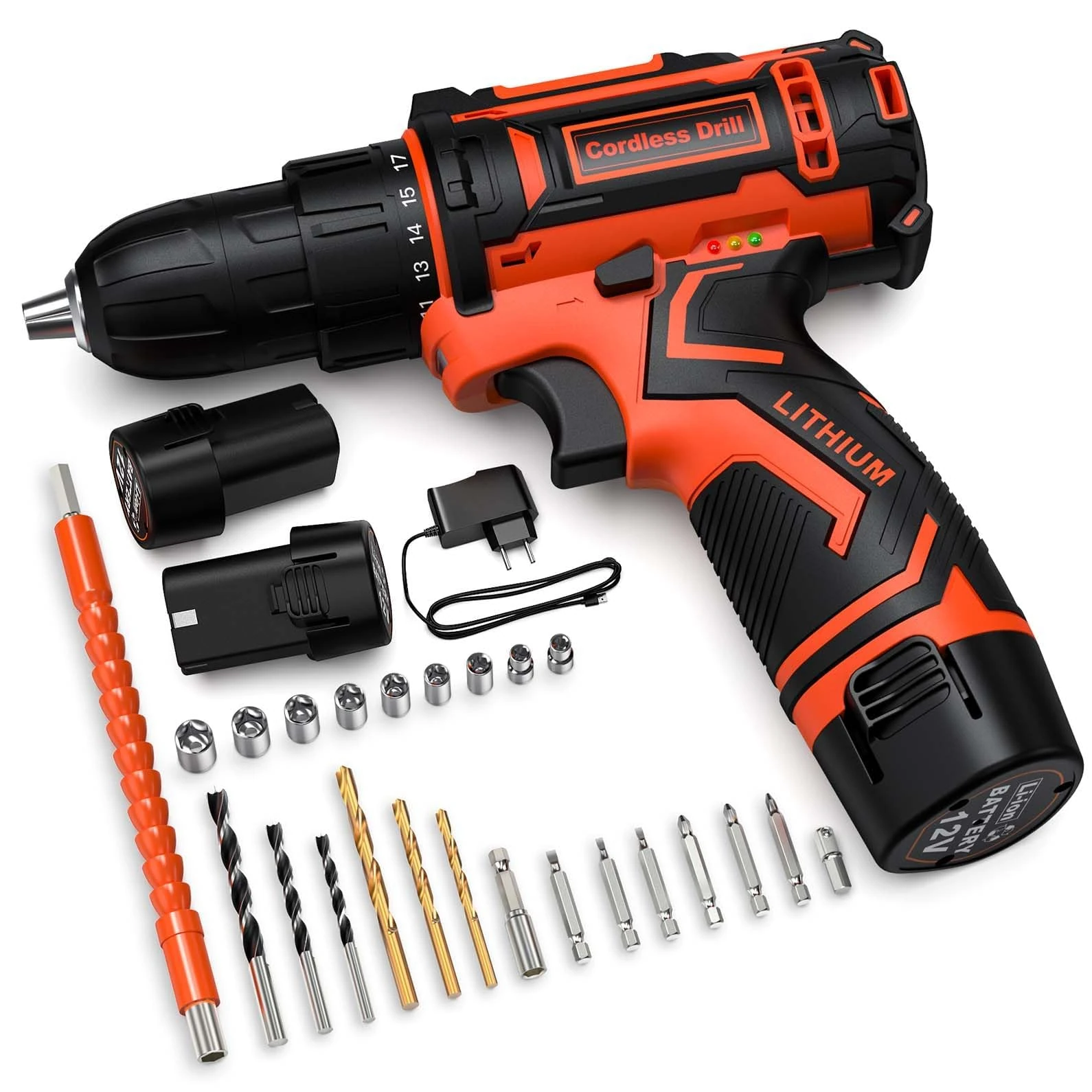 Drill Driver 12V, Electric Screwdriver with 2 Batteries 2.0Ah, 25Nm Max, 2 Speed, 25+1 Torque Adjustment, LED Light, 10 mm Drill Chuck, Accessories 24 Pieces