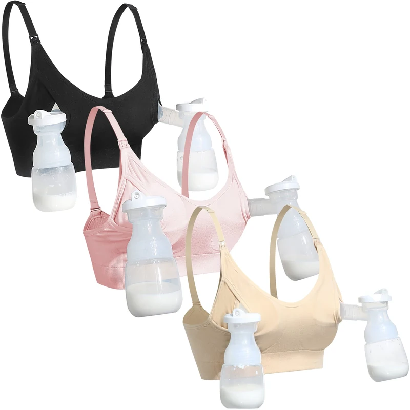 GXXGE Nursing Bra Support Pumping Bra Hands Free All in One Maternity Bra Comfortable Breast No Pad Pumps Bra, Black/Nude/Pink, M - Image 1