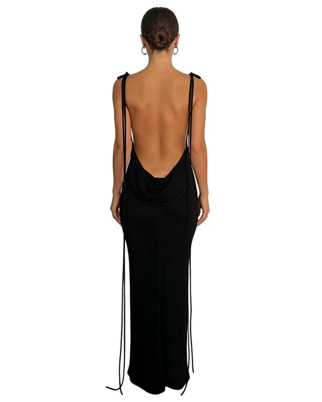 JUMISEE Women Sexy Backless Draped Maxi Dress - Elegant Sleeveless Spaghetti Strap Evening Dress - Long Club Party Beach - Black, S