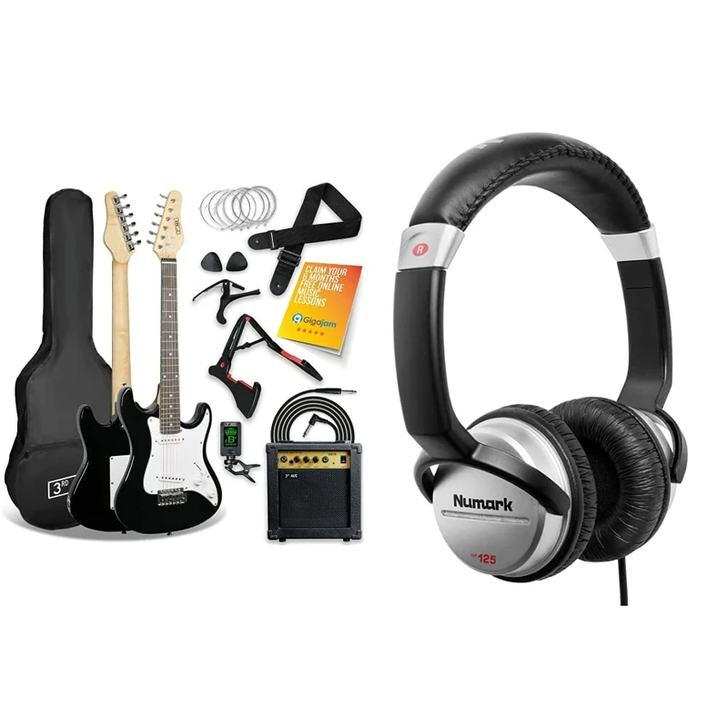 3rd Avenue XF 3/4 Size Electric Guitar Ultimate Kit with 10W Amp – Black & Numark HF125 - Ultra-Portable Professional DJ Headphones with 6 ft Cable, 40 mm Drivers