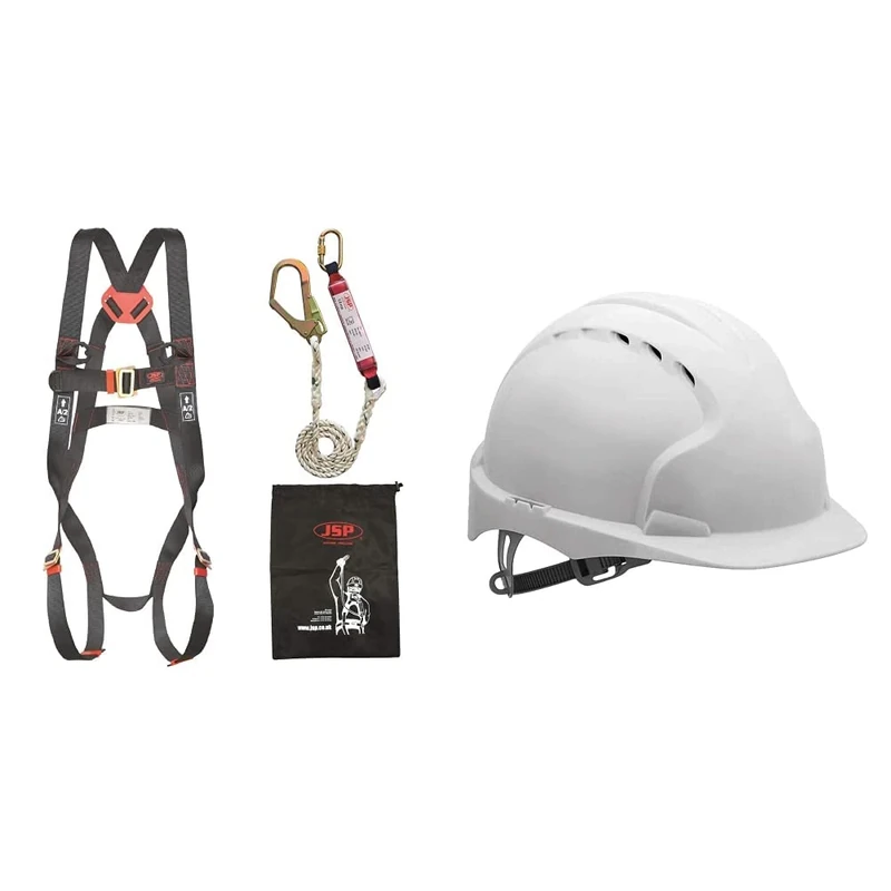 JSP Height Safety Spartan Fall Arrest Kit - (FAR1102) & EVO2 One Size Safety Helmet with Slip Ratchet - White - Vented - (AJF030-000-100-AMZ)