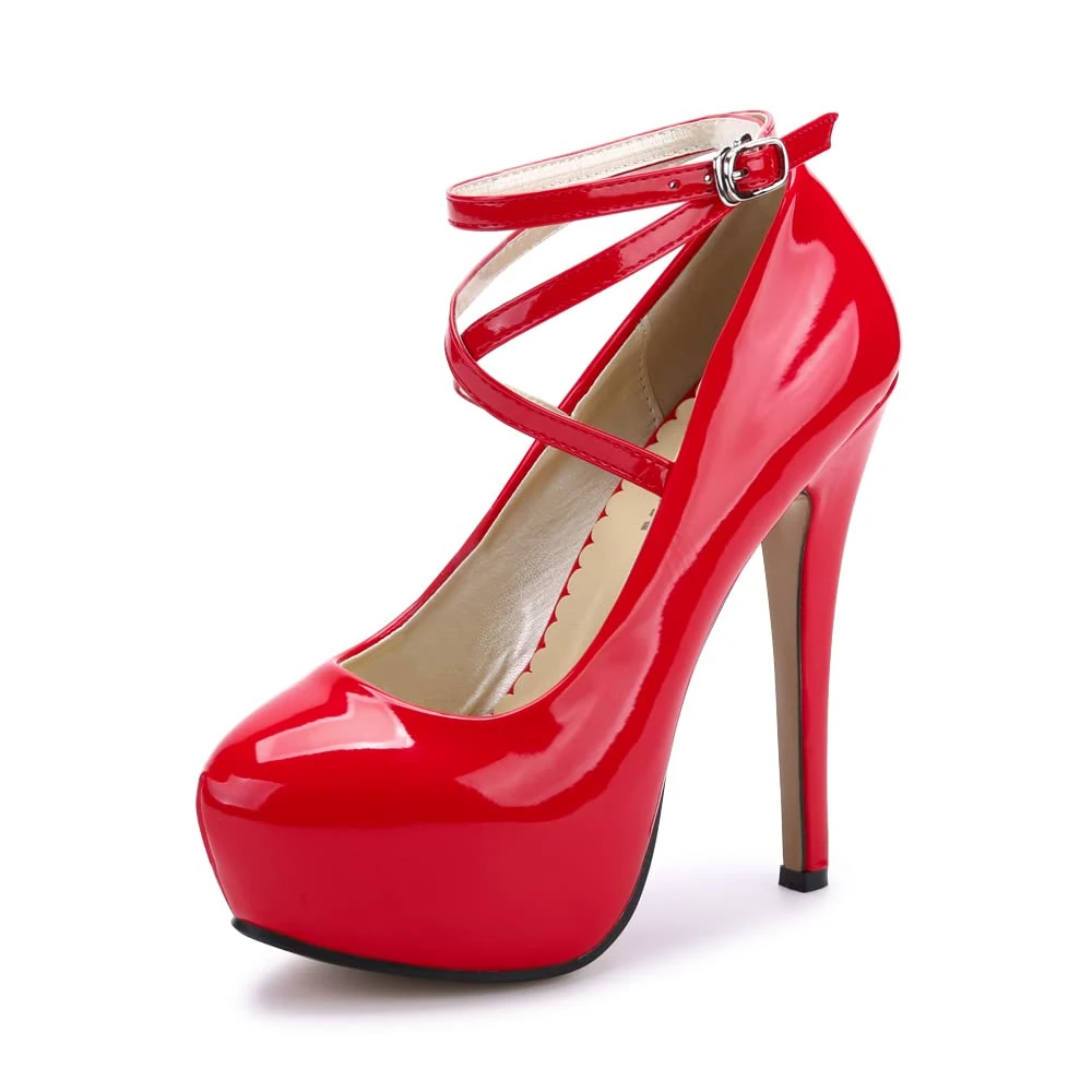 Womens High Heel Ankle Strap Platform Pump Wedding Evening Party Court Shoes PU Red Tag 39-UK 5.5