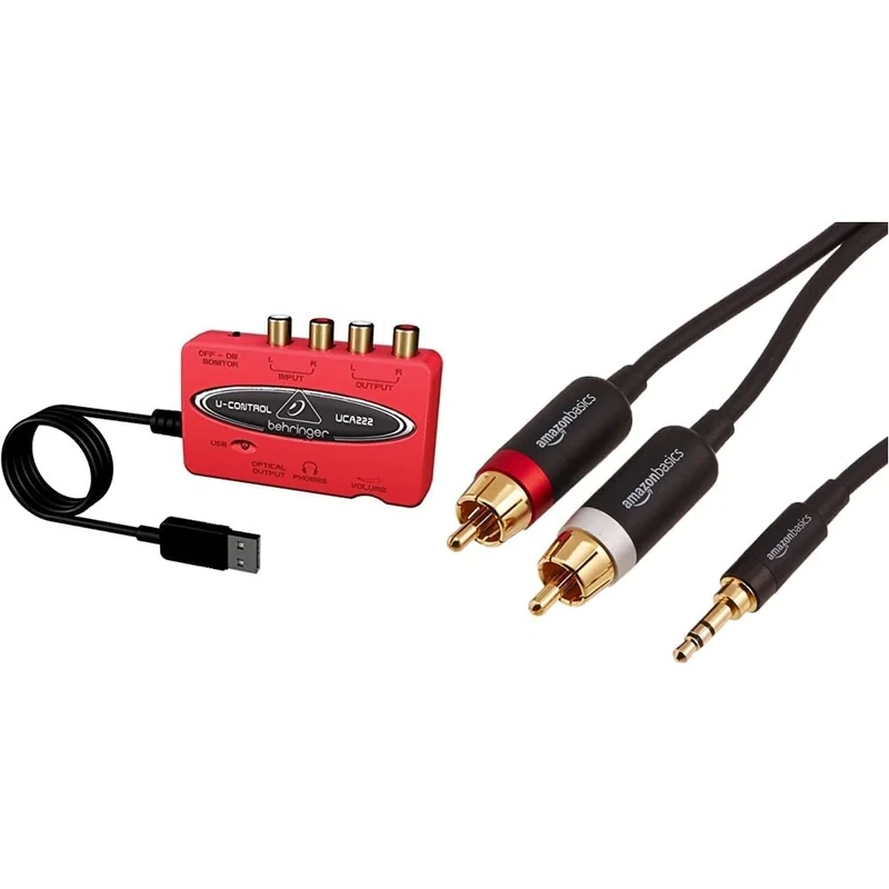 Behringer U-CONTROL UCA222 Ultra-Low Latency 2 In/2 Out USB Audio Interface with Digital Output & Amazon Basics 3.5mm to 2-Male RCA Adapter Cable - 2.4m / 8 Feet