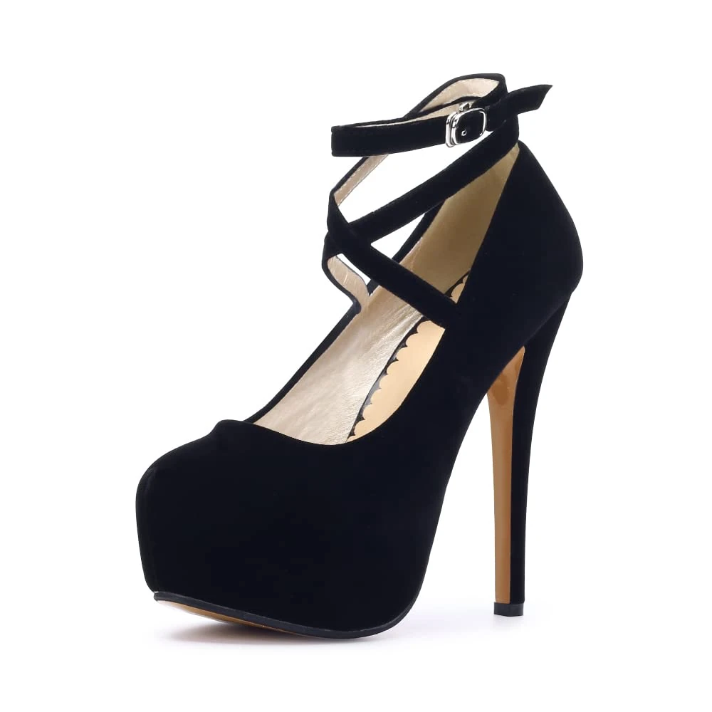 Womens High Heel Ankle Strap Platform Pump Wedding Evening Party Court Shoes RM Black Tag 39-UK 5.5