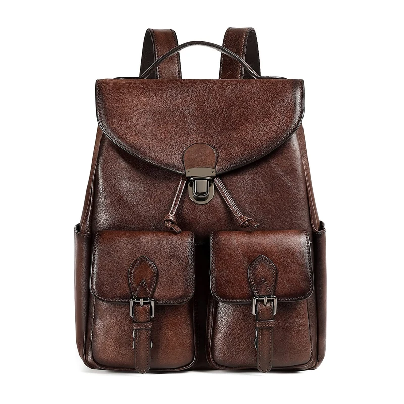 COOLCY Women Vintage Genuine Leather Backpack Purse Fashion Rucksack Practical and Stylish Retro Daypack Bag, Coffee, OneSize, Retro