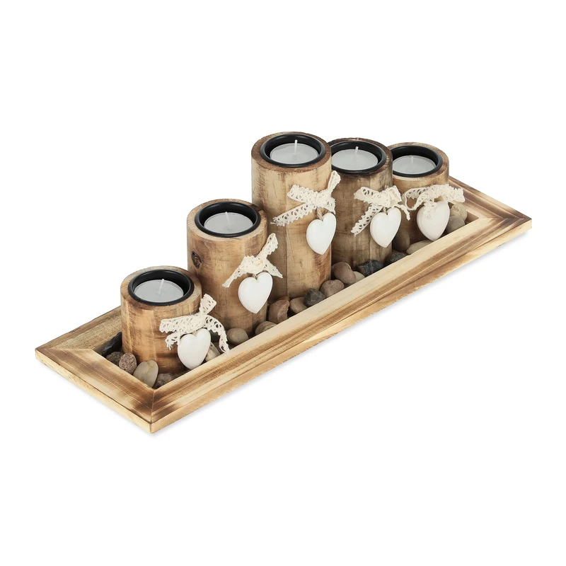 Relaxdays Tealight Holder Set with Tray & Pebbles, 39.5 cm, Table Centrepiece, Lounge & Dining Room, 5 Candles, Brown