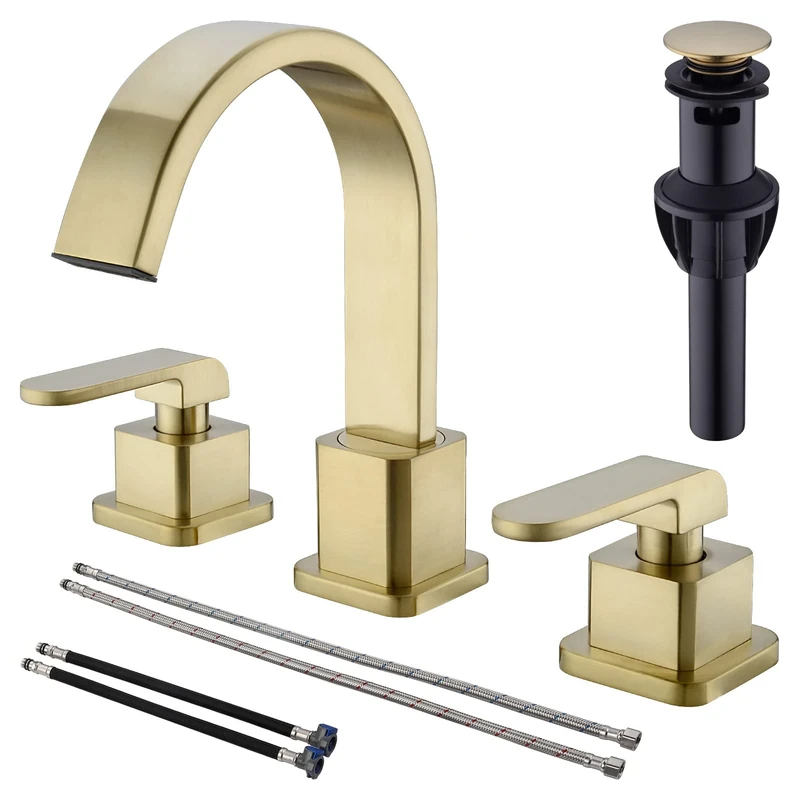 Brushed Gold 8-Inch Widespread Bathroom Faucet 3 Hole Brass Square Shaped Waterfall Modern Vanity Sink Faucet Swivel Spout 2 Handle with cUPC Water Supply Lines and Overflow Pop Up Drain Included