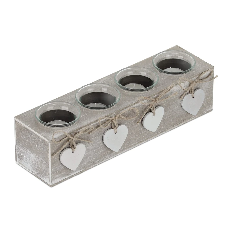 Relaxdays Tealight Holder Set, 4 Votive Glasses with Candles, Heart Design, Table Centrepiece, Dining Room, Beige/White, Fibreboard, 8 x 29.5 x 8
