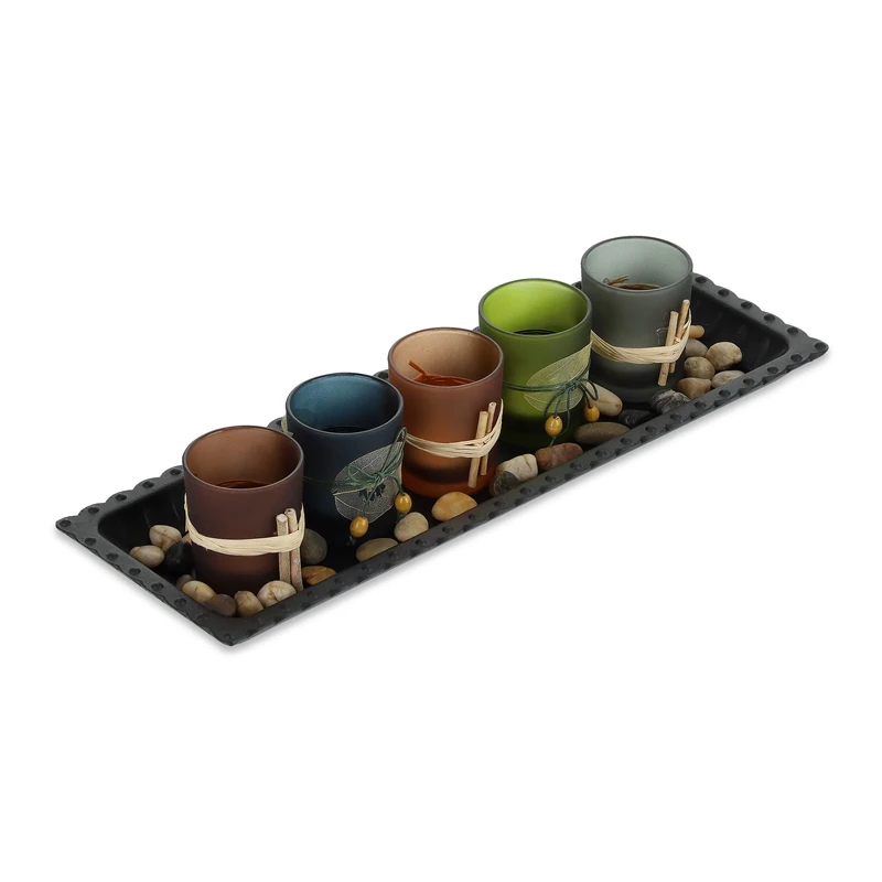 Relaxdays Tealight Holder Set with Tray & Pebbles, 38.5 cm, Table Centrepiece, Dining Room, 5 Candles, Multicoloured