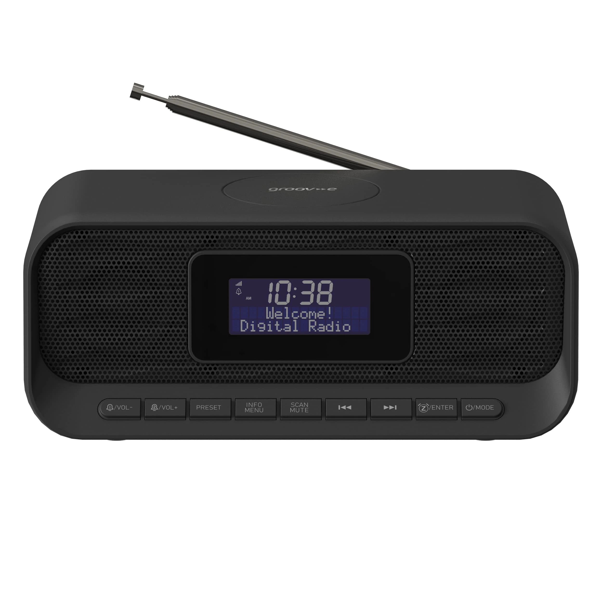 Groov-e Zeus DAB & FM Clock Radio - Dual System Alarm Clock with Bluetooth Connectivity, Wireless Charging, & USB Charging Port - LCD Display - Mains Operated - 60 Preset Stations - Black