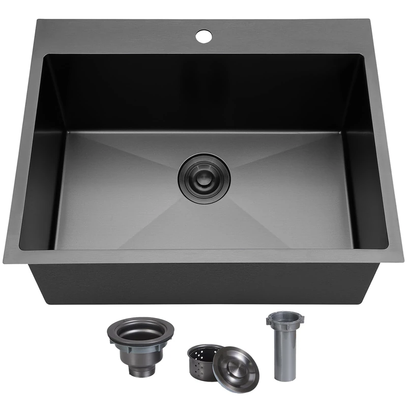 SHACO 25x22 Inch Black Drop in Kitchen Sink, 25 Inch Gunmetal Black RV Laundry Utility Sink, Top Mount 16 Gauge Stainless Steel Single Bowl Deep Small Kitchen Sink