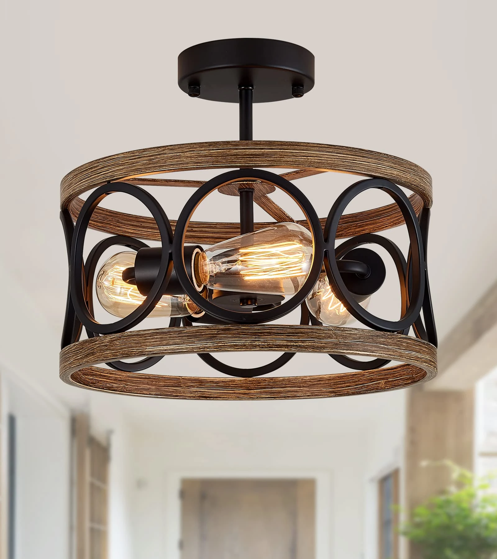 MEIXISUE Semi Flush Mount Modern Farmhouse Ceiling Fixtures,3 Lights Black and Retro Wood Finish,Drum Shade Rustic Light for Entryway Hallway Foyer Kitchen Dining Room Bedroom