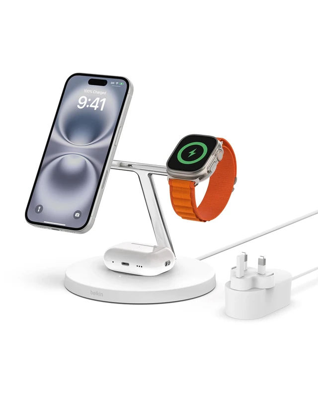 Belkin MagSafe 3 in 1 Wireless Charging Station, 15W iPhone and Apple Watch Fast Wireless Charger, AirPods Charging Station for iPhone 16, 15, 14, 13, 12 Series, Apple Watch 10/9/8, SE, Ultra - White