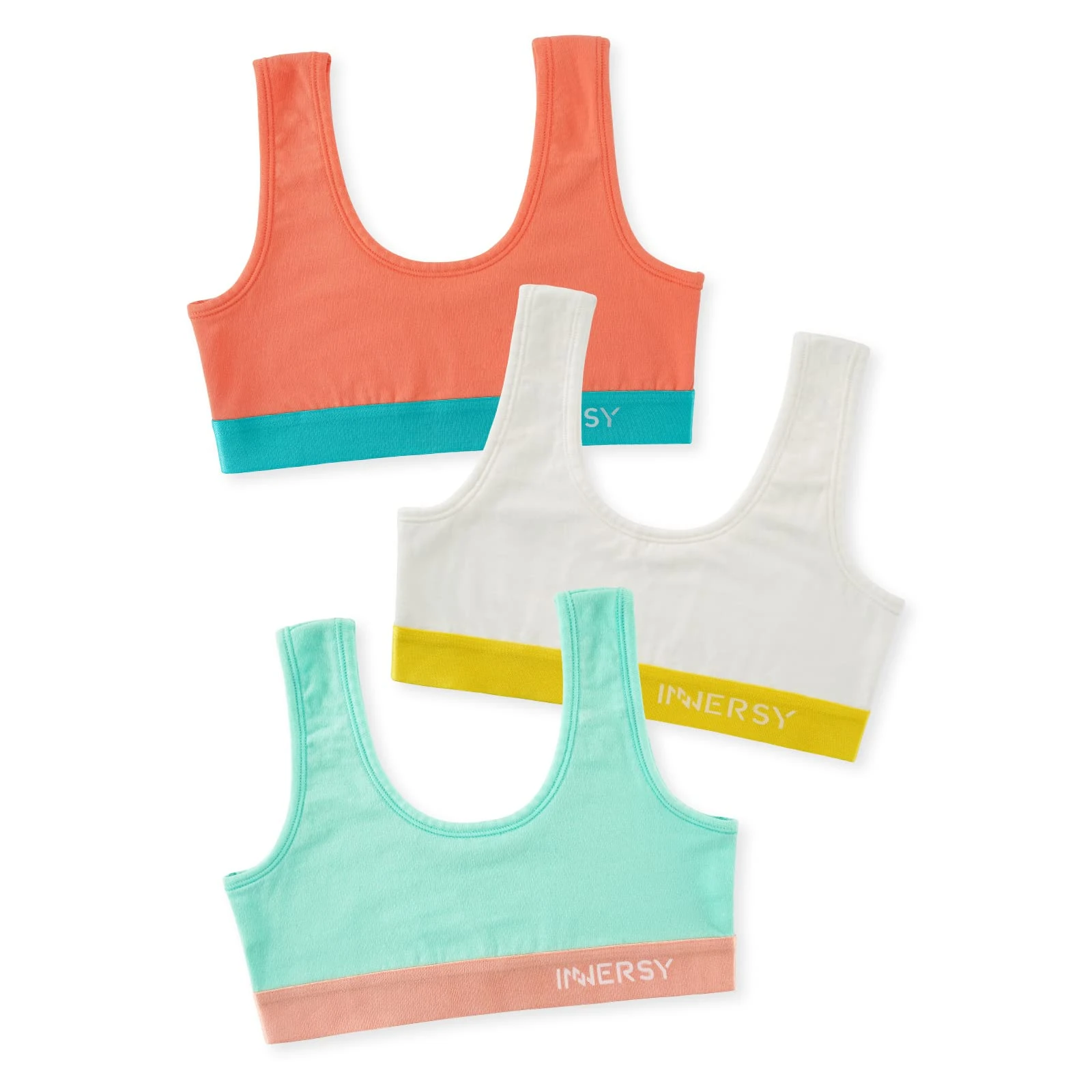 INNERSY Girls Training Bra Cotton Sports Bras Teenage Bralette Crop Top Kids Underwear Pack of 3 (XL, White/Pink/Green)