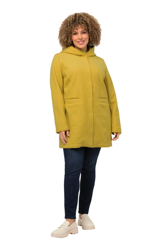 Ulla Popken Women's Curly Wool Jacket with Hood, yellow, 50-52 Große Größen