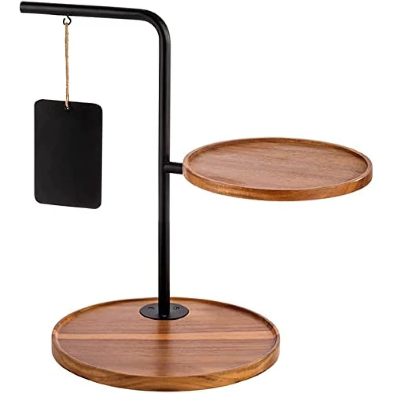 APS Iron 2-Tier Cake Stand 47 x 30 cm Height 44 cm Set Consists of: 1 Frame, Metal, Black with Non-Slip Feet, 2 Boards Made of Acacia Wood: Diameter 23 cm, Height 2.5 cm, 2 Labels - Image 1