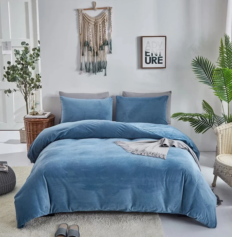 Houseri Velvet Blue Comforter Set Queen Light Bedding Fluffy Dusty Flannel Sets Furry Lake Sherpa Comforters Warm Fuzzy Blanket Queen(90''*90''-Comforter)