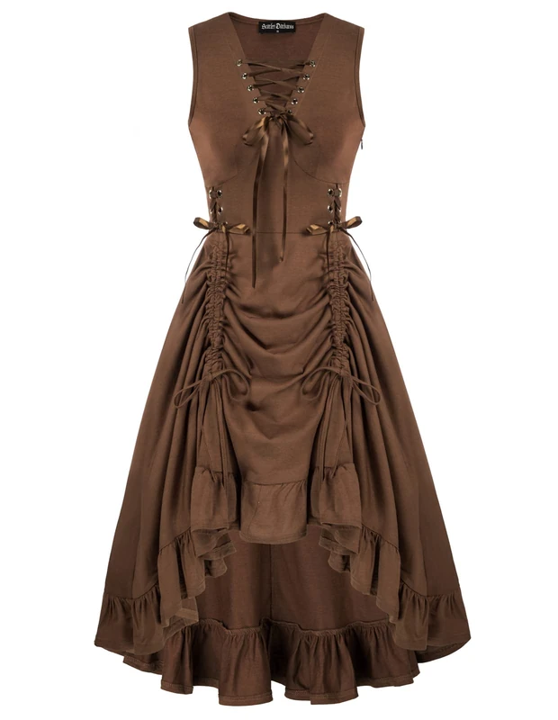 SCARLET DARKNESS Renaissance Steampunk Dress Lace Up High Low Dress Pirate Costume, Brown, M