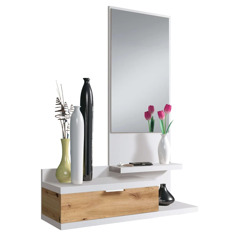 Hallway with Drawer and Mirror, Entrance Cabinet, Dahlia Model, Artik White and Nodi Oak, Measurements: 81 cm (Width) x 116 cm (Height) x 29 cm (Bottom) - Image 1