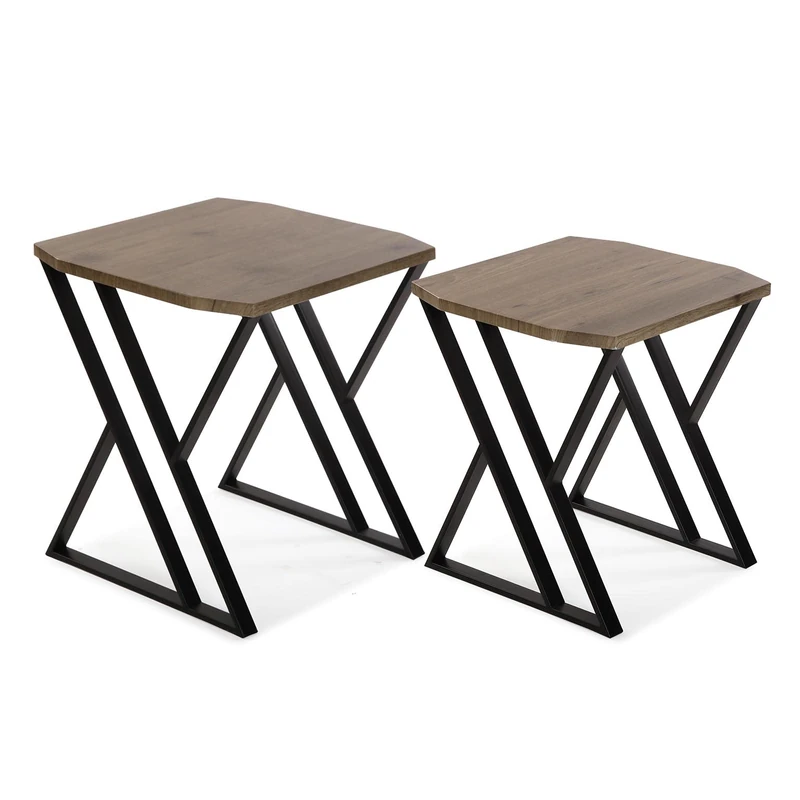 Versa Tulsa Side Table for Living Room, Bedroom or Kitchen Modern Low Table, Set of 2, Measures 50 x 45 x 45 cm (H x L x W), Wood and Metal, Colour: Brown and Black