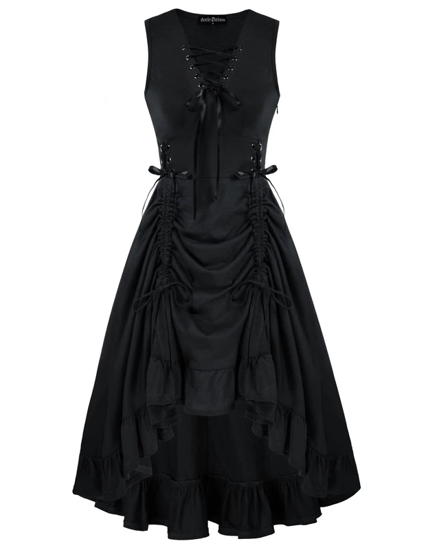 SCARLET DARKNESS Renaissance Steampunk Dress Lace Up High Low Dress Pirate Costume, Black, M