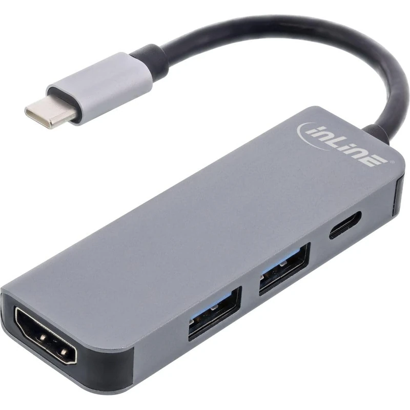 InLine® Multifunctional Hub USB 3.2 Gen.1, 2x USB-A 5Gb/s + HDMI 4K/30Hz + USB Type-C PD 87W, Aluminium, Grey