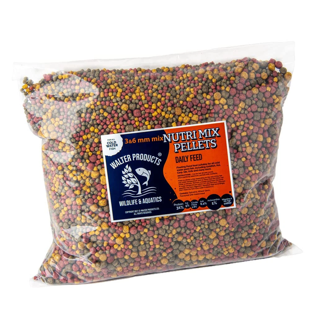 Walters All-Round 3mm & 6mm Nutri Mix Pond Fish Food Pellet for Koi, Goldfish and all Cold Water Pond Fish. Year Round, Complete Fish Food Pellets in Recyclable Bags, 1kg Bag