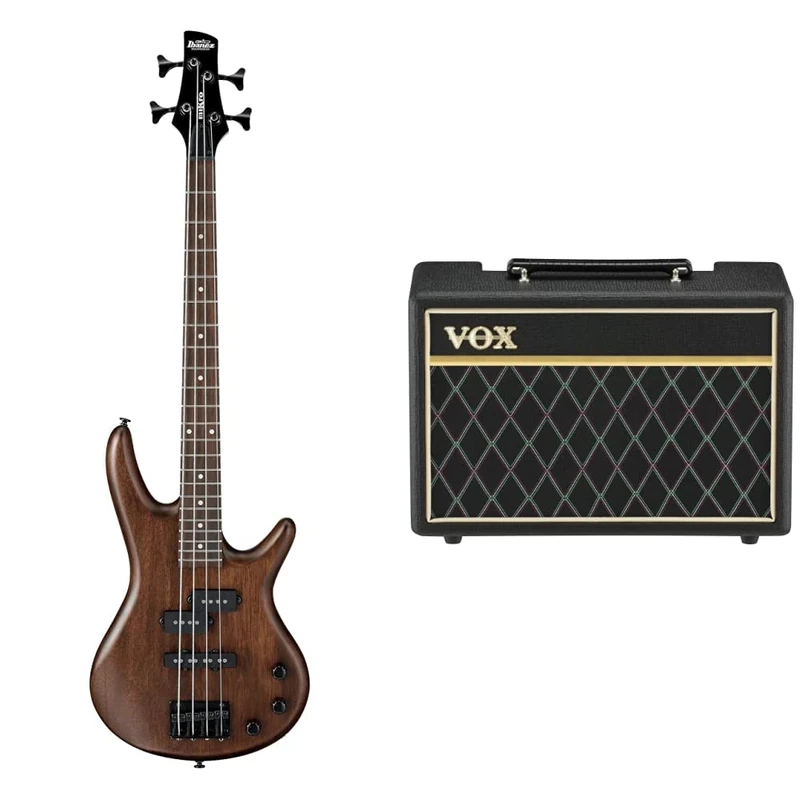 Ibanez GSRM20 GIO Series MiKro Short Scale Electric Bass Guitar - Walnut Flat Finish, 3/4 & Vox - PB10 Pathfinder 10B - 10W Bass Guitar Practice Amplifier Combo - Black