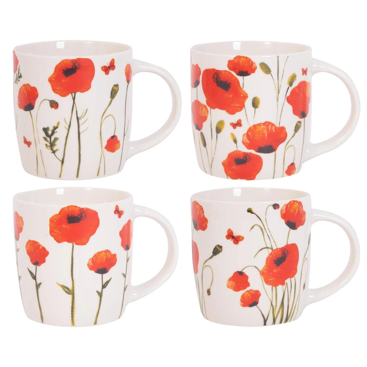 YöL Set Of 4 Poppy Floral Design Mugs New Bone China Coffee Tea Cups 350ml Home Kitchen Mug Set