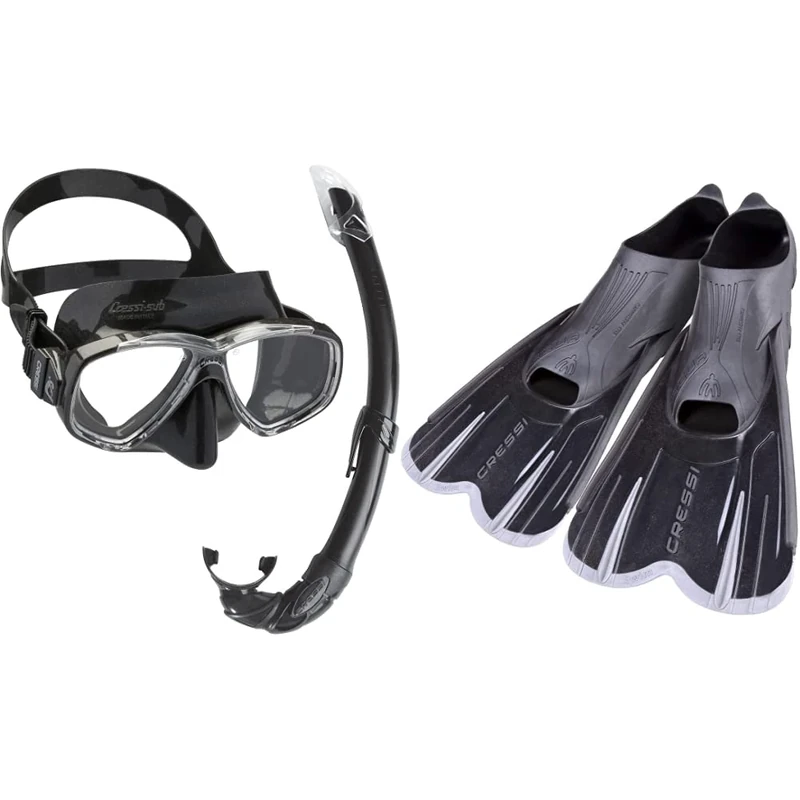 Cressi Perla & Mexico - Combo Set Dive/Snorkeling Mask & Snorkel, Adult Unisex and Unisex Agua Short Fins Black Silver Size 37 Size 38, Black/Silver, 4 5 38 Agua Short UK