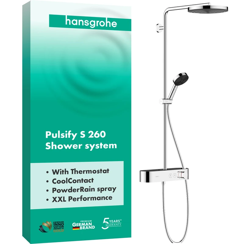 hansgrohe Pulsify S - Shower System with Thermostatic Shower Mixer, Head Shower 260mm, Shower Set with Shower Head, Hose, Shower Rail, Rainfall Shower Head with 1 Spray, Chrome, 24220000