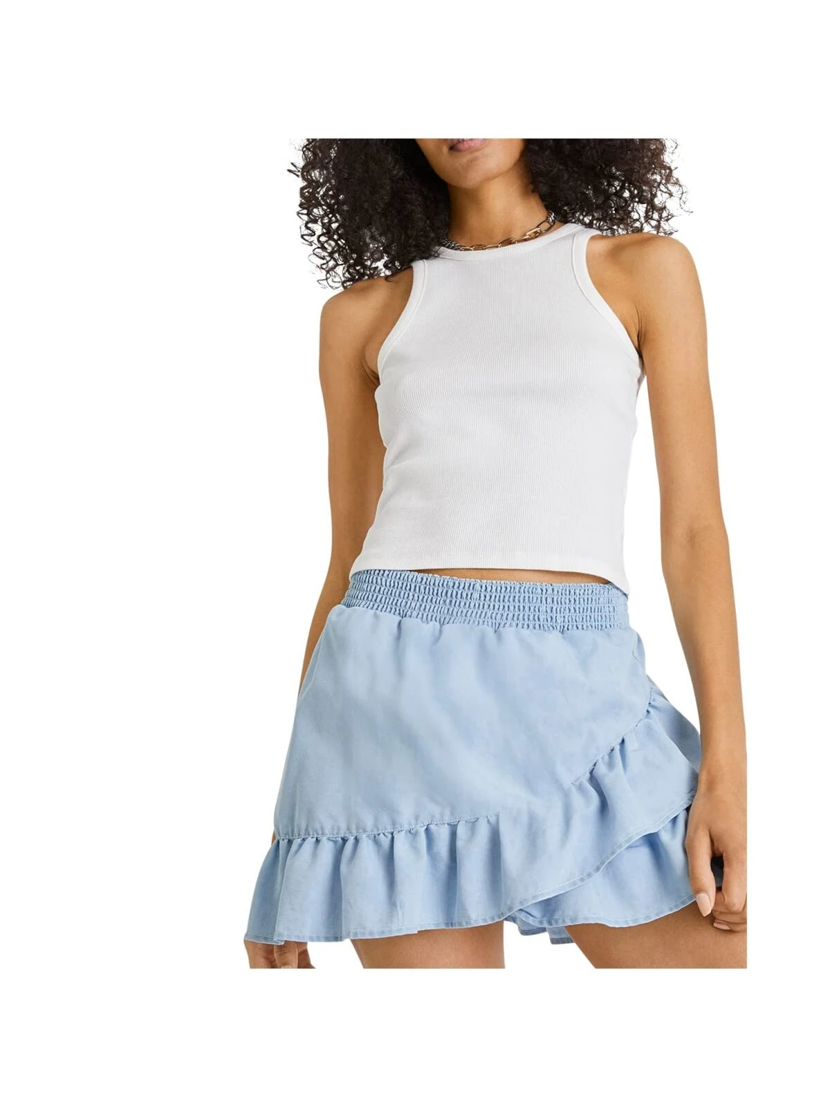 French Connection Womens Light Blue Chambray Ruffled Smocked Stretch Pull-on Mini Layered Skirt UK Size: XL