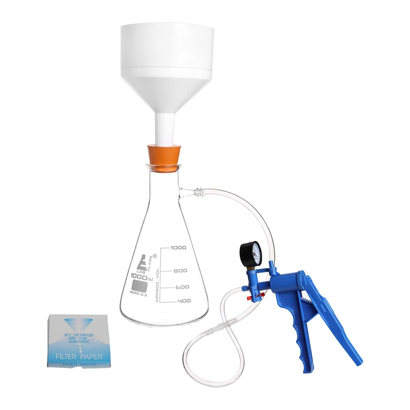 Eisco Complete Vacuum Filtration Kit - Includes 1000mL Filtering Flask, Hand Vacuum Pump, Buchner Funnel, Filter Papers, Rubber Tubing & Stopper - Labs