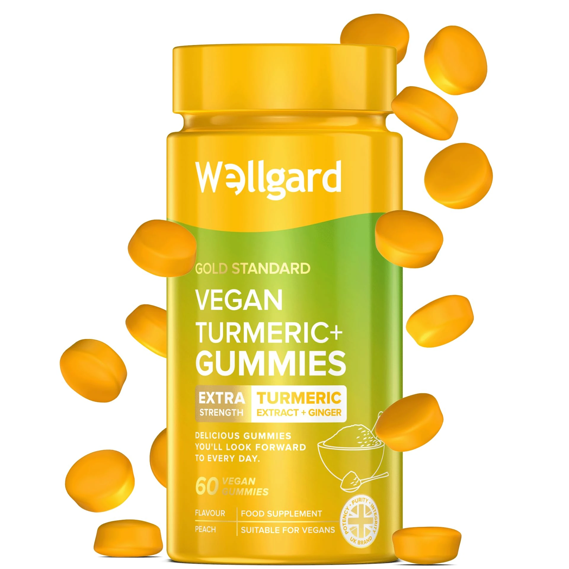 Wellgard Vegan High Strength Turmeric Gummies with Ginger – 1980MG Chewable Turmeric Curcumin Supplement, 60 Gummies, Peach Flavour