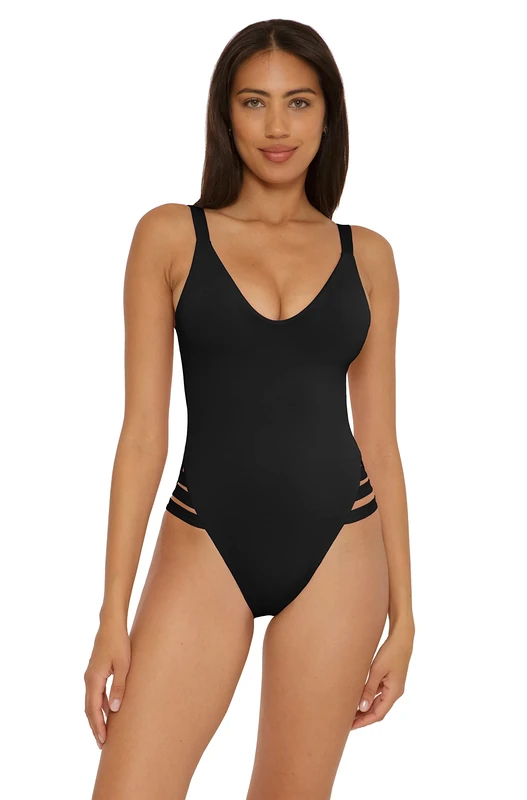 BECCA Women's Rebecca Virtue Color Prism High Leg One Piece Swimsuit-Scoop Neck, Open Back Design, Bathing Suits, Black, Large