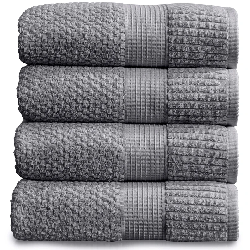 NY Loft 100% Cotton Bath Towel 4 Pack | Super Soft & Absorbent Quick-Dry Bath Towels 30" x 52" |Textured and Durable Cotton | Trinity Collection (4 Pack Bath Towel, Charcoal Grey)