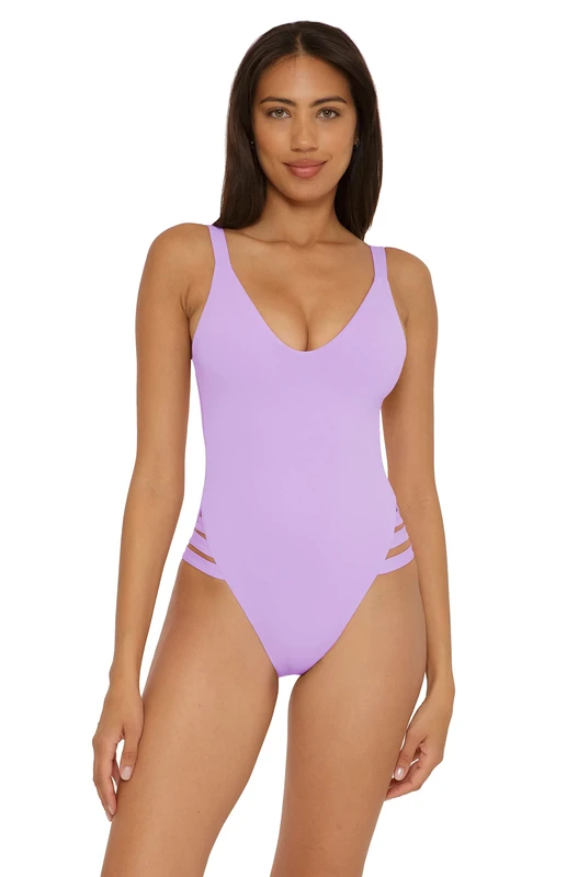 BECCA Women's Standard Color Prism High Leg One Piece Swimsuit-Scoop Neck, Open Back Design, Bathing Suits, Iris, Medium