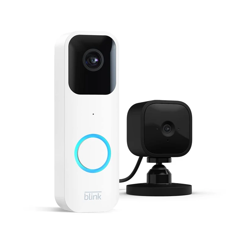 Blink Video Doorbell + Blink Mini (Black) | Two-way audio, HD video, long-lasting battery life, motion detection, chime app alerts, Works with Alexa (White)