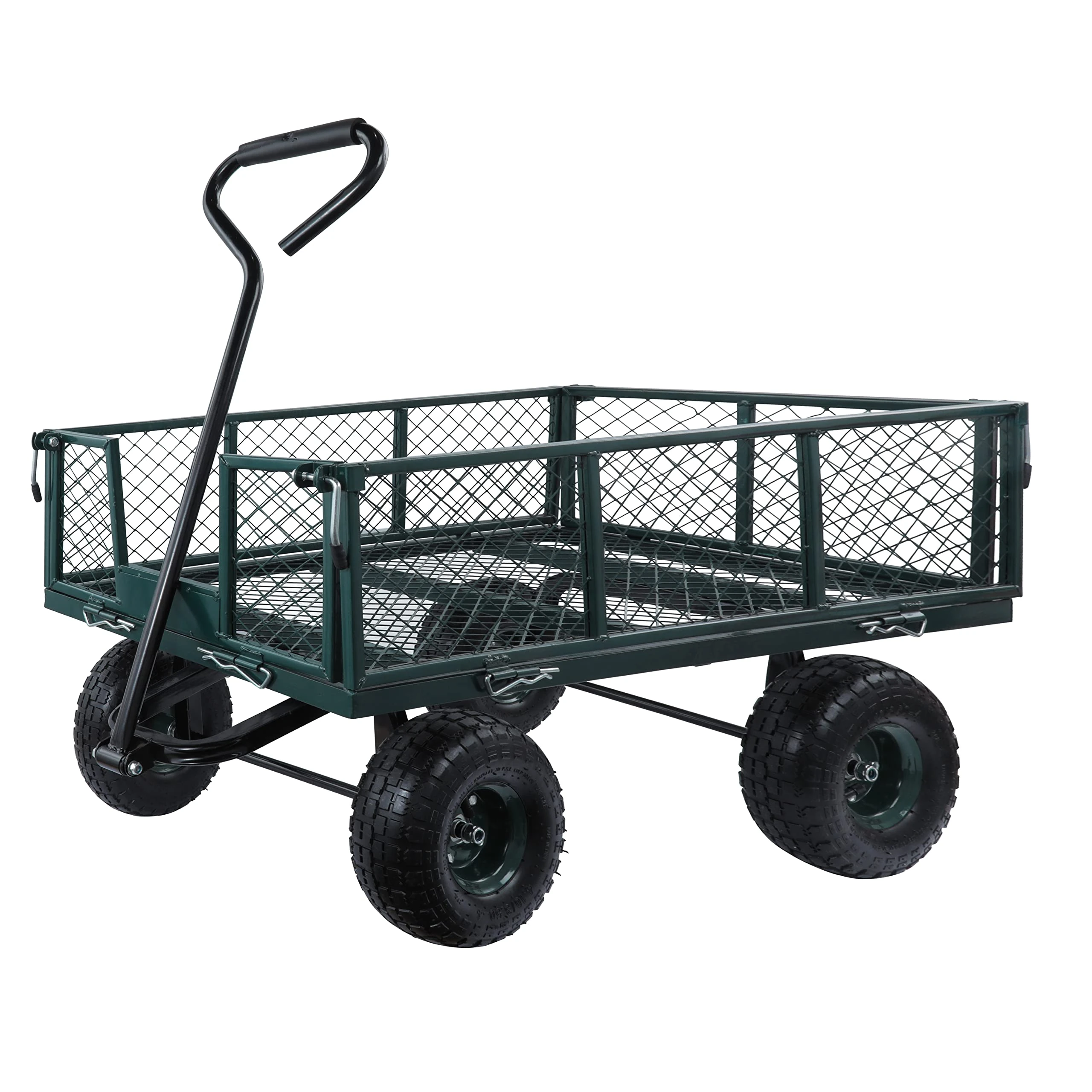 MOUNTALL Utility Steel Garden Cart Trolley 350kg Heavy Duty Black Mesh Gardeners Wagon, Folding Sides, 10 inch Pneumatic Tyres, Outdoor Cart for Gardening, Festivals, Camping