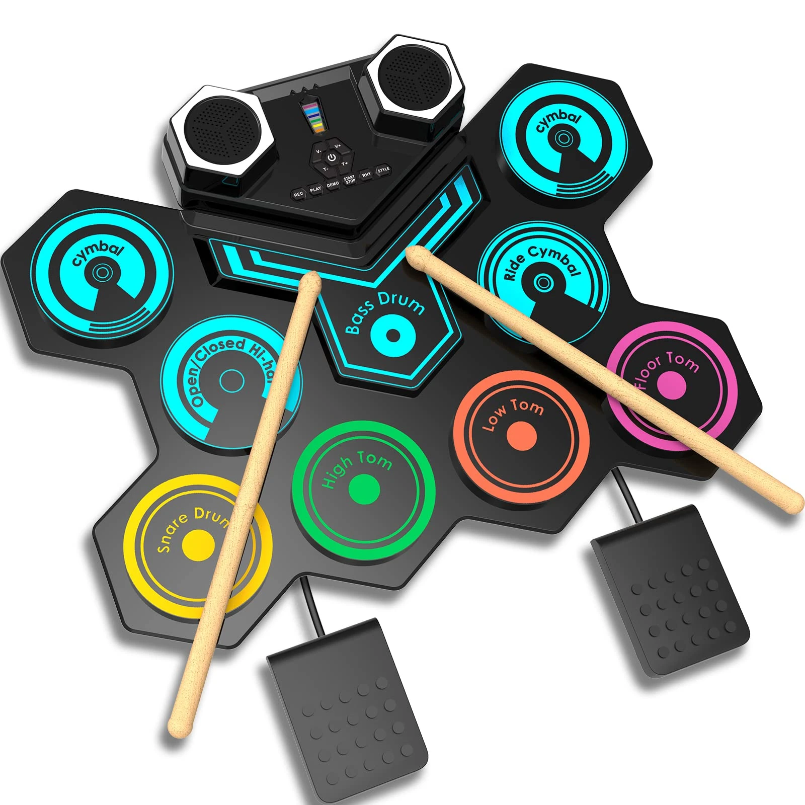 Portable Electric Drum Kit, CNAPXAIA Foldable Kids Drum Pad with Build-in Stereo Speakers, Foot Pedals, Drum Sticks, 9 Pads Silicone Electronic Drum Set for Kids Adult Beginner RAINBOW