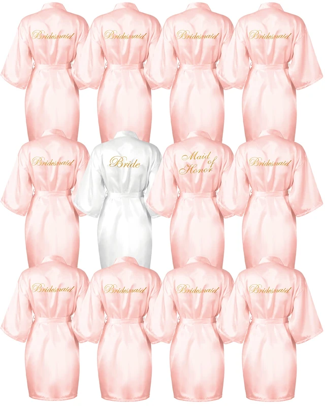 Jecery 12 Pcs Bridesmaid Robes Bride Robe for Wedding Day Satin Kimono Robe for Bridesmaid Embroidered Bridal Party Robes, White and Pink - Image 1