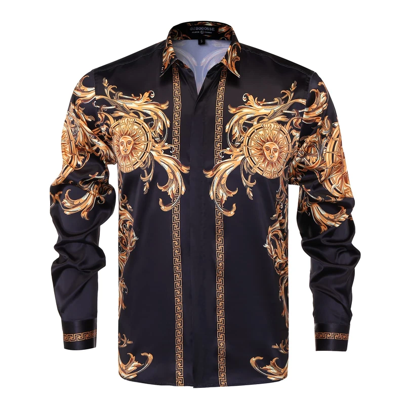 GSBOGOSSE Mens Luxury Brand Printed Silk Like Satin Button Down Dress Shirt for Party Prom Long Sleeve Slim Fit Floral Nightclub Shirt, Multicolored41, Large