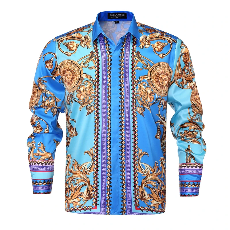 GSBOGOSSE Mens Luxury Brand Printed Silk Like Satin Button Down Dress Shirt for Party Prom Long Sleeve Slim Fit Floral Nightclub Shirt, Multicolored40, Large