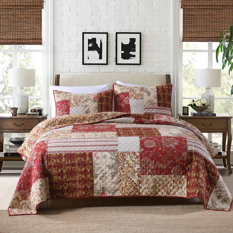 Yvooxny King Quilt Set Real Stitched Quilted Bedspread Lightweight Coverlet Set Bed Decor, Red Patchwork Floral Pattern, King Size